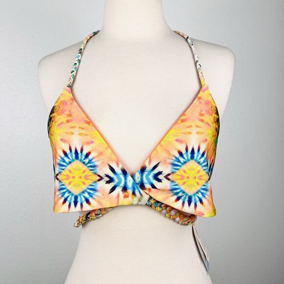 NWT Luli Fama XL Crossover Halter Bikini Top Reversible Sol Multicolored Print - Picture 3 of 6